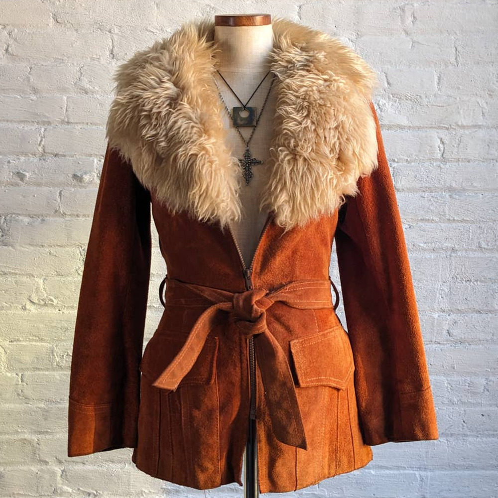 70s Vintage Orange Rusty Suede Coat Furry Penny Afghan Leather Groovy Fur Jacket - Picture 1 of 5